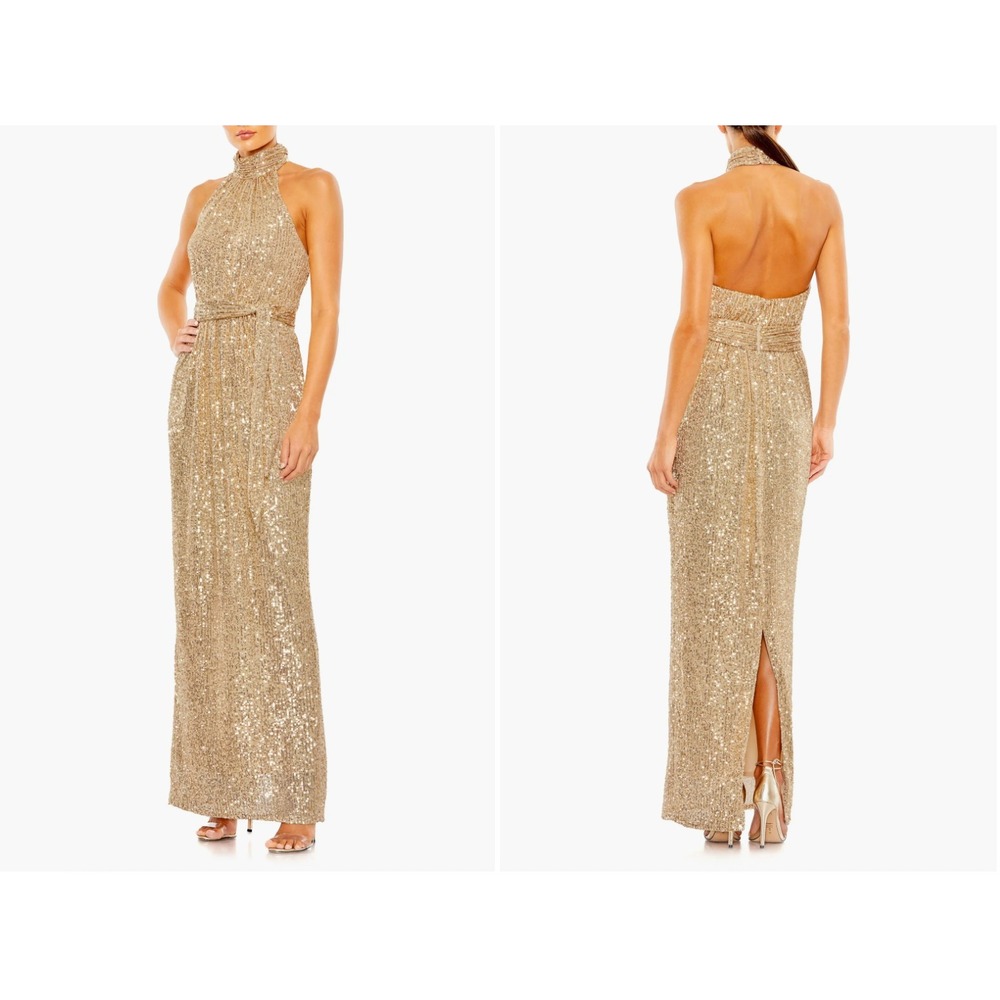Ieena Mac Duggal Gold Sequined Halter Neck Belted Soft Tie Maxi Dress Size 6